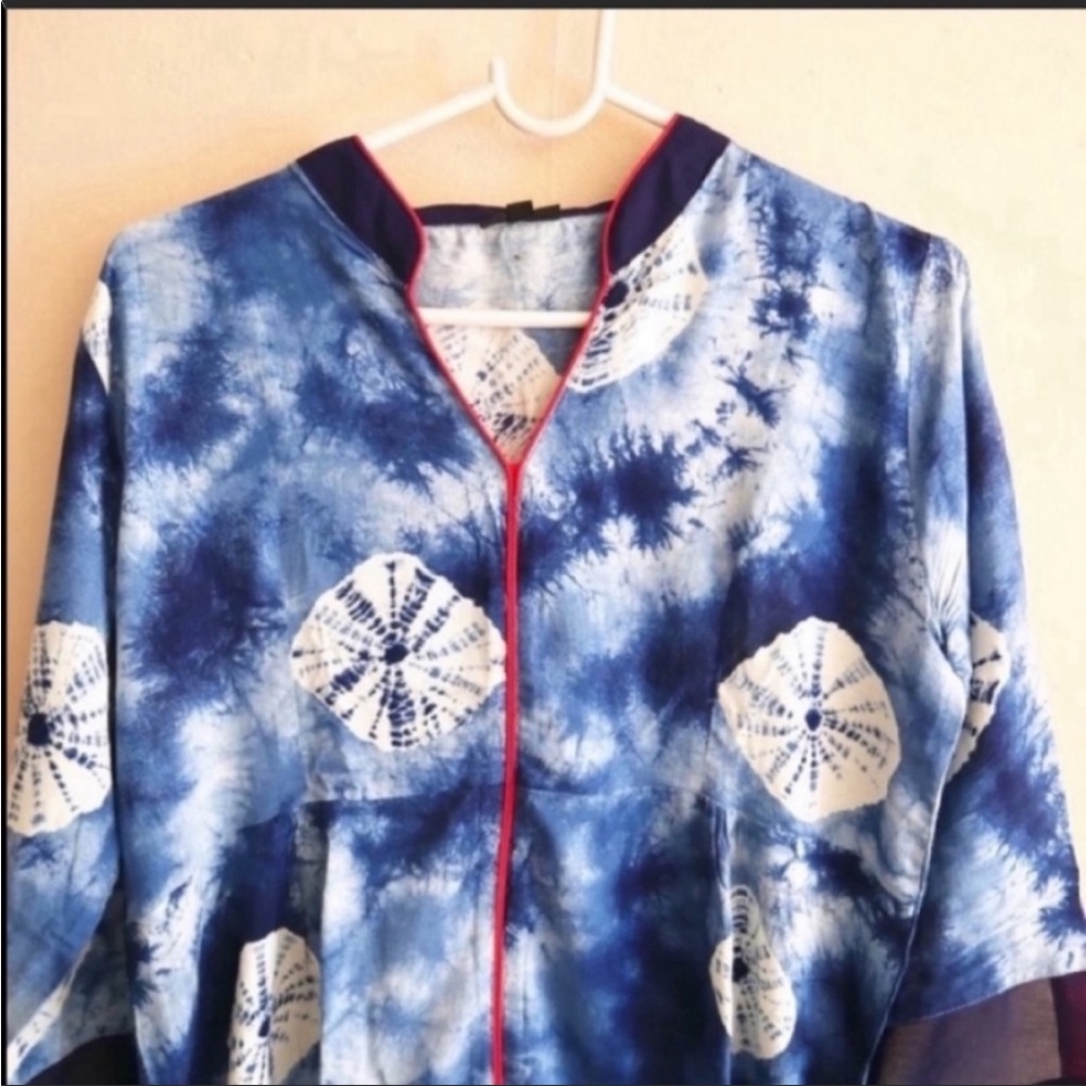 Blue tie-dye high collar anarkali kurti large kurta tunic